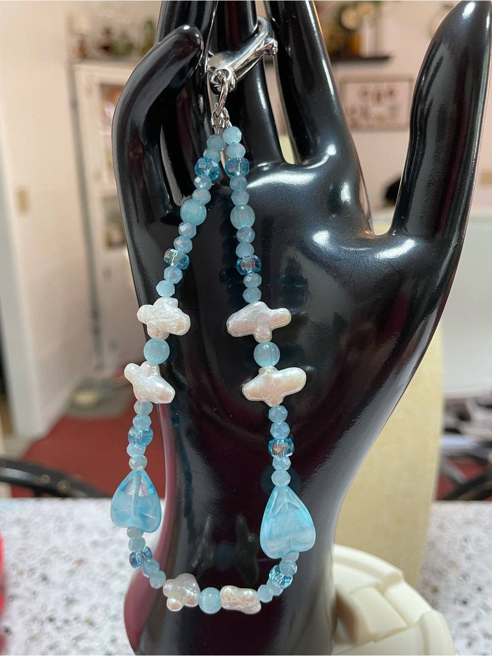 Artisan Made Art Glass and Pearl Keychain Bracelet
